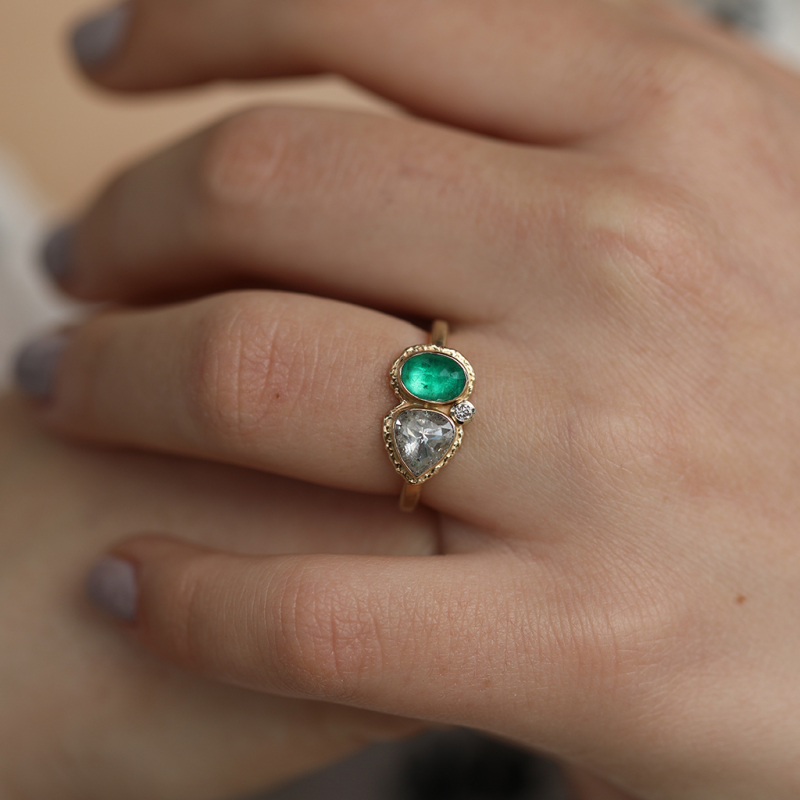 Double Rustic Diamond and Colombian Emerald 14k Gold Ring